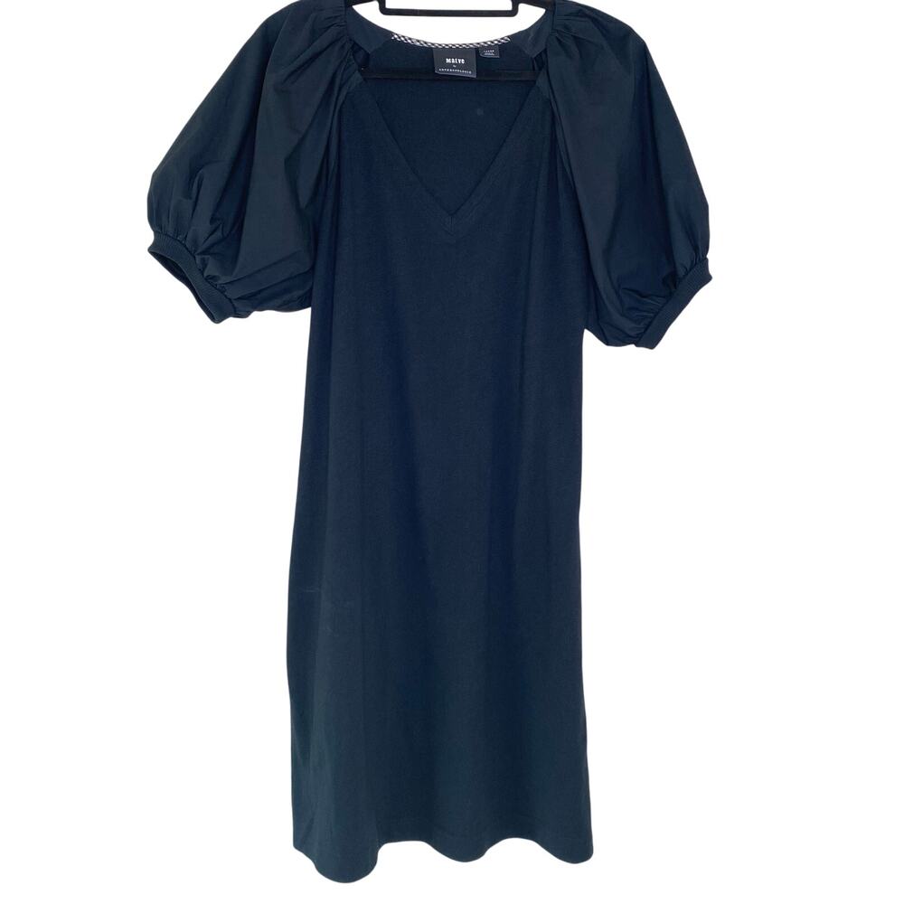Maeve By Anthropologie Black Annika Knit Puff Sleeve Dress Large